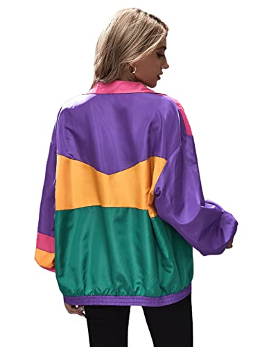 SweatyRocks Women's Zip Up Color Block Lightweight Jacket Patchwork Sport Windbreaker Jacket Coat Outerwear2