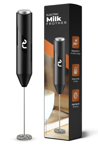 Roe Tenpo Handheld Milk Frother with Stainless Steel Whisk - Ergonomic Compact Easy to Clean Portable Battery-Operated Coffee Frother for Cappuccino Frappe Matcha Hot Chocolate (Black)