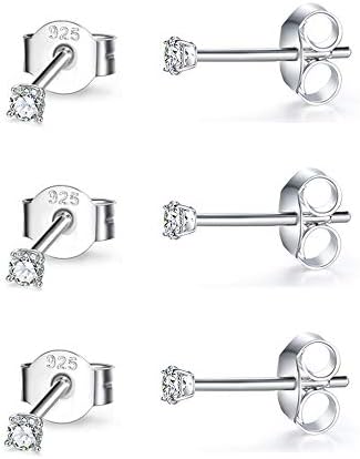 Sterling Silver Stud Earrings for Women Girls Men- 3 Pairs 2mm Hypoallergenic Cubic Zirconia CZ Studs Earrings Pack Small Round Simulated Diamond Earrings Cartilage Tragus Helix Earrings Set