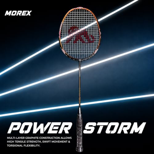 Image of Morex Carbon Graphite Badminton Racket with Full Cover Bag | Durable Carbon Shaft & Curve Frame for Better Sweet Spot & Smash Power | Ideal for Beginners & Advanced Players (Black & Orange)