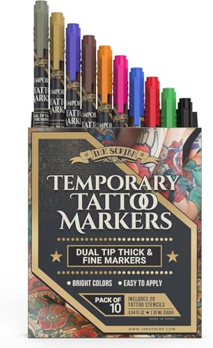 Temporary Tattoo Markers for Skin - 10 Dual-Tip Pens + 20 Reusable Stencils