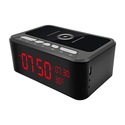 WiFi Camera Bluetooth Speaker with Wireless Charging Function Temperature Display Clock, HD1080P Video Recorder Remote View via APP, Surveillance Camera for Home Security
