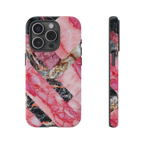 Coque iPhone 15 Pro marbre géométrique rose et noir brillante
