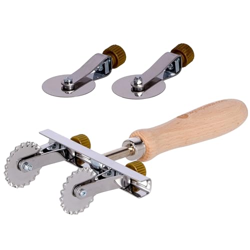 Rueda cortadora | Cortador de pasta de hojaldre fresca | 2 cuchillas lisas ajustables + Kit ahorro 2 cuchillas dentadas | Diámetro 36 mm de acero inoxidable y mango de madera | Cortador de masa