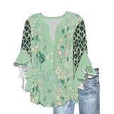 AACH Longshirt Damen Kurzarm Lose Fledermaus Bluse mit Knopf Tee Tops 3/4 Ärmel Leichte Blusenshirt Fließende Oberteil V-Ausschnitt Blumenmuster Bedruckter Tuniken Trendy Streetwear 2025