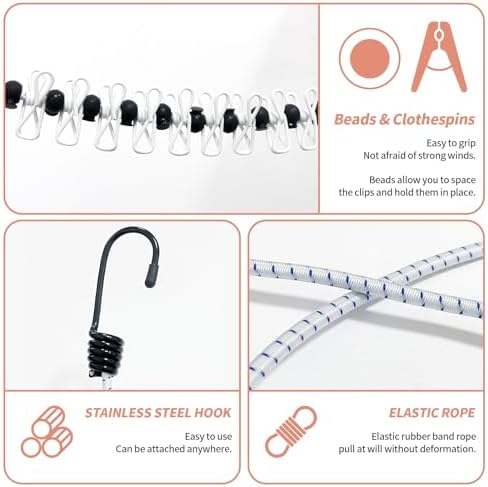 Portable Clothesline, 1 Pack Travel Camping Washing Line with 12 Wire Clips, Adjustable Elastic Retractable Windproof Rope Clothesline for Indoor and Outdoor Drying Clothes (White)