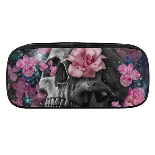 ペンケース 筆箱 大容量 軽量 砂糖の頭蓋骨 ピンクの花 筆入れ ふでばこ ペンポーチ 多機能 コンパクト シンプル おしゃれ 中小学生 高校生 女の子 男の子