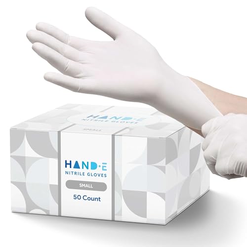 Hand-E Touch White Nitrile Disposable Gloves Small 50 Count - Food Prep Salon Hair Dye Esthetician Kitchen - Powder and Latex Free Rubber Gloves