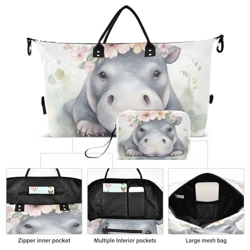 Large Travel Duffel Bag, Hippo Cute Garland Sport Tote Gym Bag, Shoulder Weekender Overnight Bag for Women Men, Carry On Luggage with Toiletry Bag2