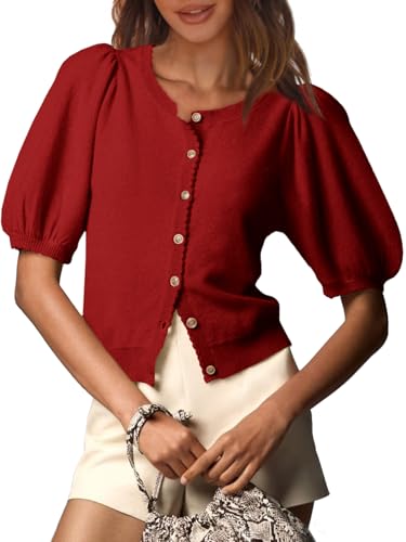 Image of Saodimallsu Womens Puff Short Sleeve Cardigan Lightweight Summer Button Down Shirts Knit Crew Neck Sweater Tops