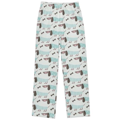 Boy's Pj Pants Green Dachshund Dog Bone Lounge Bottoms Elastic Waist Kids Joggers with Pockets Size 6-14