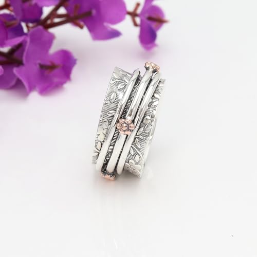 Bague spinner en argent sterling 925 massif avec gravures de fleurs ciselées - 3