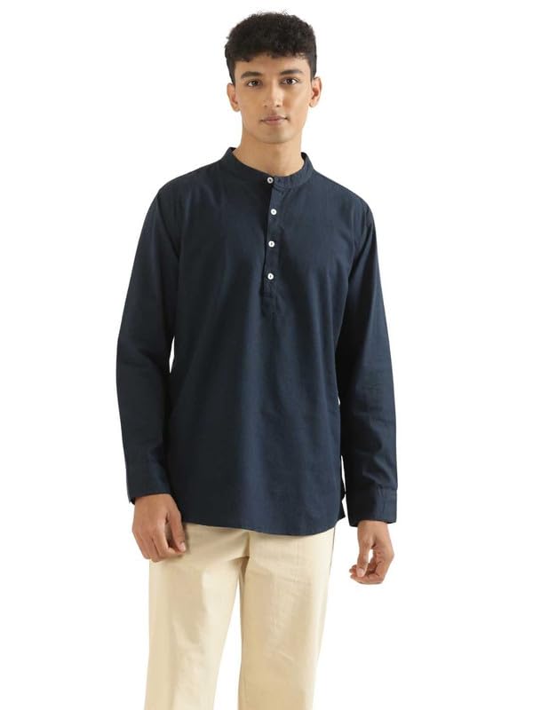 Image of SAADAA Men's Short Kurta - Linen Cotton Blend, Airy Fabric, Regular Fit, Mandarin Collar, Solid Color - Casual, Festive & Ethnic Wear