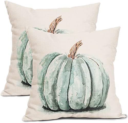 Fall Pumpkin Pillow Covers 18x18 Inch Autumn Thanksgiving Teal Watercolor Pumpkin Throw Pillow Covers Rustic Linen Square Cushion Covers for Couch Sofa Bedroom Livingroom Patio (Pack of 2)