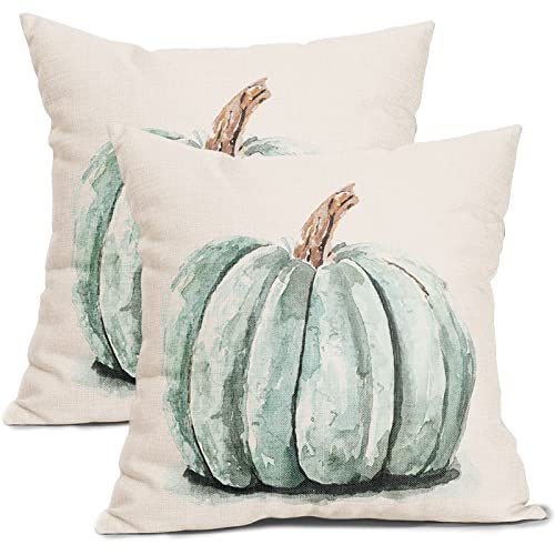 Fall Pumpkin Pillow Covers 18X18 Inch Autumn Thanksgiving Teal Watercolor Pumpkin Throw Pillow Covers Rustic Linen Square Cushion Covers For Couch Sofa Bedroom Livingroom Patio (Pack Of 2) #TOP21