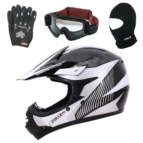 Zorax ZOR-X19 White XL (55-56cm) Predator Kids Motorbike Motocross MX Helmet ECE 2206 & Gloves XL (8cm) & Goggles & Balaclava
