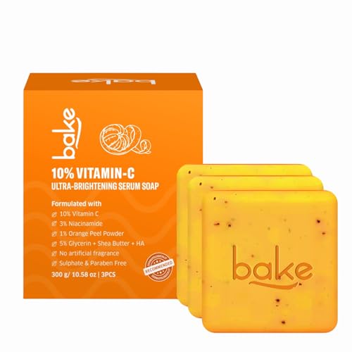 Image of BAKE 10% Vitamin C Ultra Brightening Serum Soap (300g, Pack of 3) with 3% Niacinamide & Turmeric for Pigmentation, Sun Tan & Dark Spots | Exfoliates Dead Skin Cells, Removes Stubborn Marks | For Men & Women - 300g