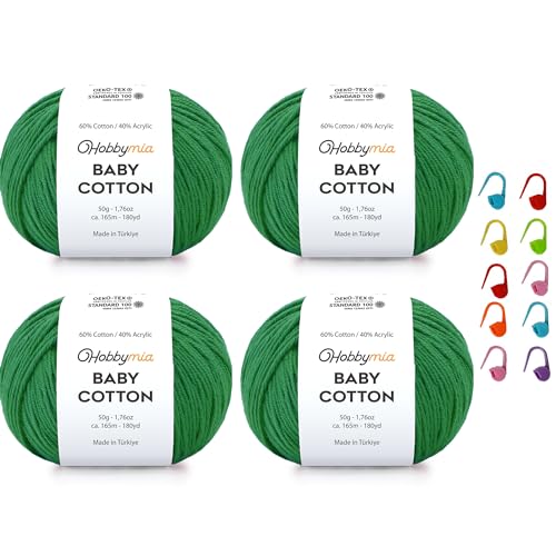 Image of Baby Cotton Blend Yarn - Soft Sport Weight Yarn for Crochet & Amigurumi - 50g /180yds - 60% Cotton 40% Acrylic - Ideal for Baby & Knitting Proj. & 10 Stitch Markers(Forest Green, 4 Balls)