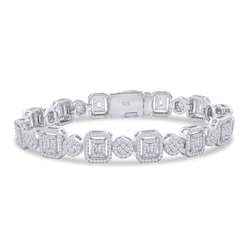 Tennis Chain Bracelet, 2.00-3.20 Carats Baguette & Round Lab Created Moissanite Diamond Halo Tennis Bracelet for Women Men In 18K Gold Plated 925 Sterling Silver Jewelry Size : 6.5/7.5/8.00 Inch