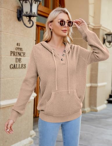 Image of CiCiBird Women's Fall Hoodies Sweater V Neck Waffle Knit Top with Pocket | Loose Fit, V Neck Button, Adjustable Drawstring, Long Sleeve, Kangaroo Pocket, Weekend Errands, Daily Wear, Work Casual