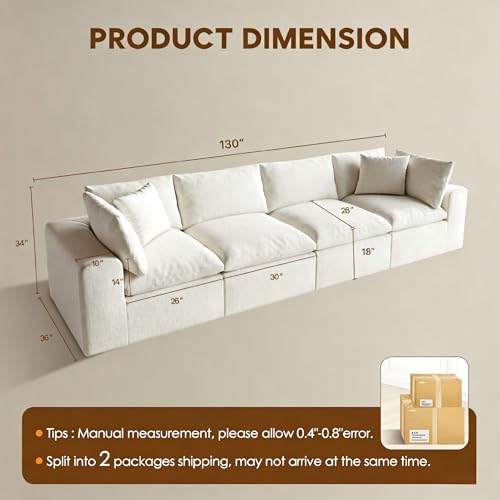 Image of 130 inch Oversized Cloud Couch, Modular L Shaped Sectional Sofa with Deep Seats, High Density Foam No Sag Support, No Assembly Required 4 Seater Washable Fabric Couch for Living Room, White