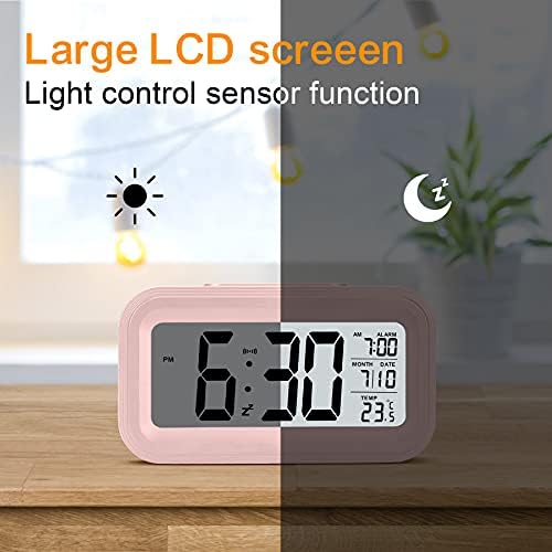 U-picks Alarm Clock 4.3" LED Display , Digital Alarm Clock with battery powered, Snooze, Easy to Use ,Temperature Calendar , 12/24 Hr, Light control Portable Alarm clocks bedside for adults kids-Pink