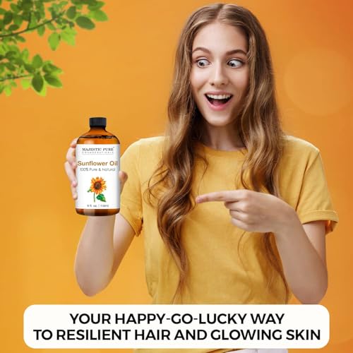 MAJESTIC PURE Sunflower Oil - 100% Natural, Pure & Cold-Pressed - Sunflower Seed Oil - Sunflower Oil for Skin, Hair, Body, Massage, & Essential Oils Mixing - Skin Care for Men and Women - 4 fl oz