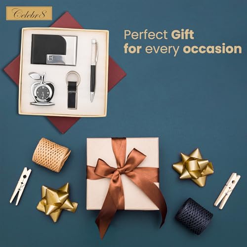 Image of Celebr8 Corporate Gift Combo for Men & Women | Desk Table Clock, Metal Pen, Card Holder & Keychain Set | Premium Office Gift Hamper | Birthday Gift for Husband, Boss, Employees | Gift for Father