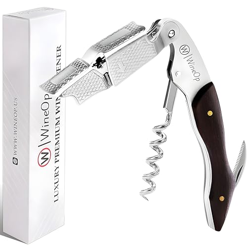 WineOp Professional Wine Opener Luxury Double Hinged Waiter's Corkscrew Wine Bottle Key - Cork screwer for Servers, Bartenders, Sommelier and Home Use | All-In-One Stainless Steel (Ebony Wood Handle)