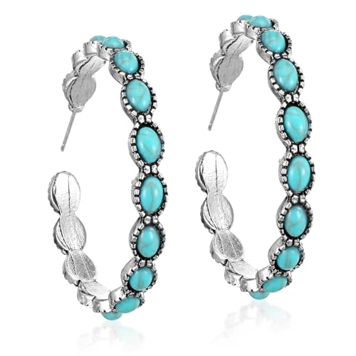 Western Earrings Boho Turquoise Hoop Earrings for Women,Vintage Oval Dangle