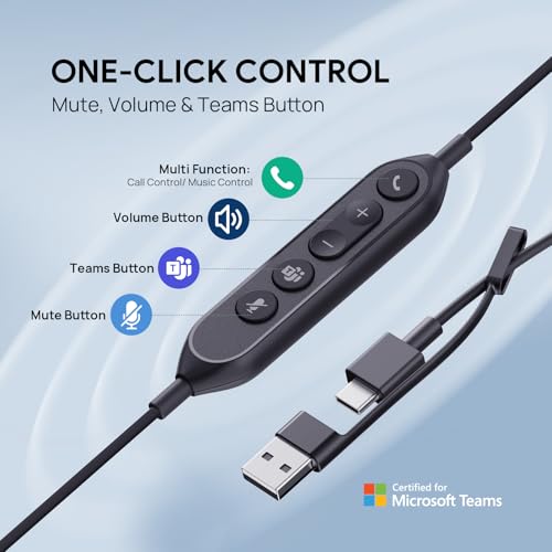 Image of Yealink UH46 USB Headset with Mic, Wired Headset with 3 Noise Cancelling Microphones for PC /Computer /Laptop, Teams Certified, in Line Controls for Home Office Online Meetings, Plug & Play USB-C /A