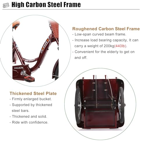Image of SRNSAEB Adult Tricycle Carrying Passengers and Cargo, 20Inch 3 Wheel Bicycle for Men /Women /Seniors, Adjustable Height Three Wheel Cruiser Bike for Cycling /Outing /Picnic (Color : Red)
