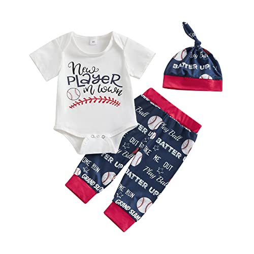 Image of Chloefairy Newborn Baby Boy Baseball Outfit New Player in Town Romper Baseball Jogger Pants 3Pcs Coming Home Outfit