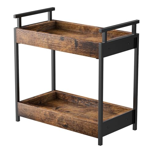 KLM Countertop Coffee Station Organizer, 2 Tier Wooden Shelf for Coffee Bar Accessories, Condiment Storage Caddy for Kitchen, Bathroom Counter Organizer, Home, Office - Brown