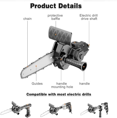 Image of Drill Convert to Chainsaw Attachment Accessory Woodworking Cutting Tool Pruning Chainsaw Power Chain Saws for Tree Trimming Wood (4-inch)