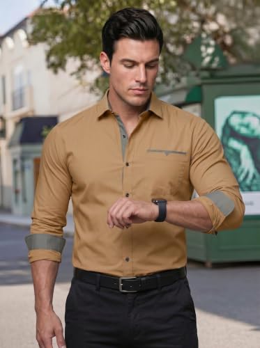 Image of Men's Cotton Blend Shirt with Solid Long Sleeves Spread Coller Neck Regular Fit Single Chest Pocket and Standard Length | Cotton Casual Shirt for Man