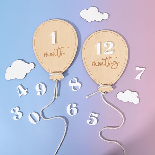 Image of Wooden Balloon Milestone Sign - Balloon Baby Monthly Growth Record Markers,Baby Wooden Balloon Announcement Sign,Newborn 1-12 Months Photo Props,Boy Girl Balloon Milestone Sign