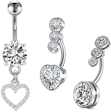 MODRSA 14 Gauge Belly Button Rings Stainless Steel Heart Dangle Triple Diamond CZ Belly Button Bar 10MM Navel Piercing for Women Belly Piercing