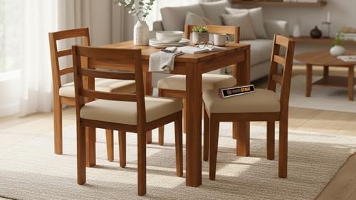 Image of WOODSTAGE Solid Sheesham Wood 4 Seater Dining Table with Cushion Chairs for Dining Room, Living Room, Hall, Home | Wooden Furniture Dinner Table Set (Honey Finish, 4 Seater)