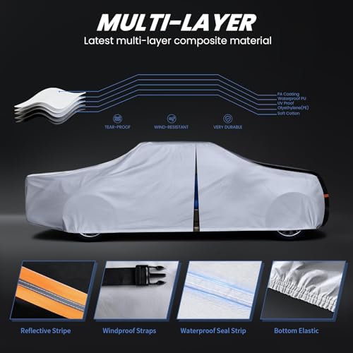 Image of Multi-Layer Ram 2500HD Truck Cover, Custom Fit 2002-2026 Mega /Quad Cab Long Bed(8') Car Cover Waterproof All Weather, Full Exterior Cover Rain Wind Dust and UV Protect with Door Zipper