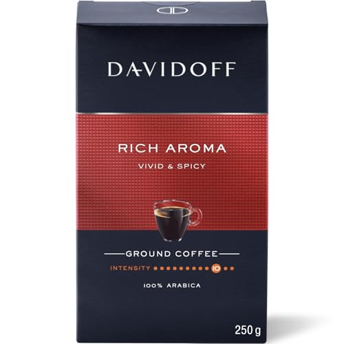 Davidoff Rich Aroma Ground Coffee – 100% Arabica, Intensity 10, Roast Level 4, Vivid & Spicy with Elegant Acidity & Fruity Notes – Vacuum-Packed 250g – Premium European Roast