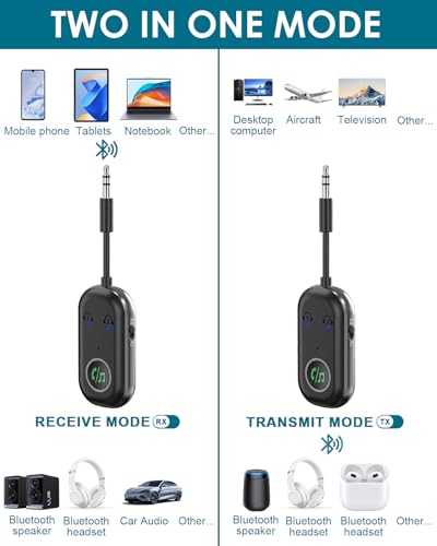 Transmisor Receptor Bluetooth 5.3, AUX Wireless Adaptador Bluetooth 2 en 1 para TV, Adaptador Emisor con Jack de 3,5 mm, para TV/PC/Estéreo/Auriculares/Coche, con Doble Conexión - imagen 3
