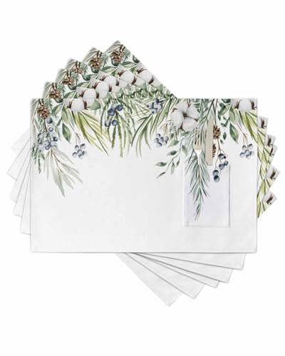 Sage Green Christmas Placemats Set of 6, Xmas Botanical Berry