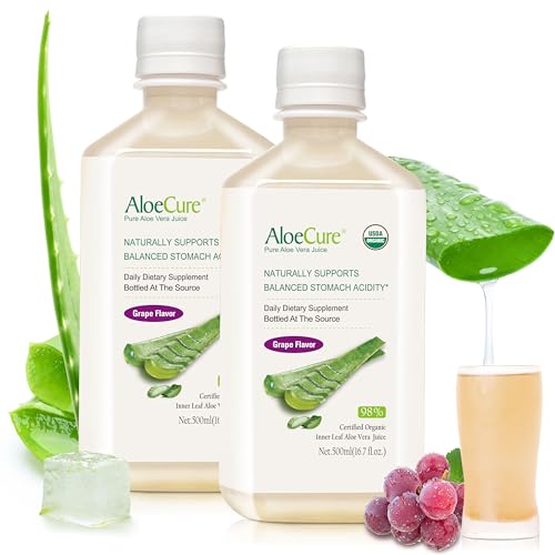 AloeCure USDA Organic Aloe Vera Juice Grape Flavor Made Within 12 Hours of Harvest - Pure Aloe Vera Digestive & Immune Health Supplement Helps Maintain Balanced Stomach Acidity 16.7oz x 2 Btls