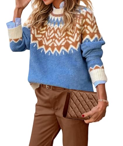 Image of EARKOHA Women's Casual Mock Neck Ribbed Sweater Pullover 2026 Fall Long Sleeve Print Fair Isle Sweater Top