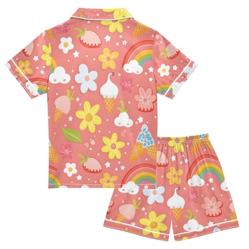 ALAZA Rainbow Ice Cream Strawberry Pajamas Satin Pajama Set Short Sleeve Button Down Sleepwear2
