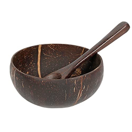 Huachaoxiang Conchas De Coco Y Juego De Cucharadas De Madera, Ensalada Vegana Orgánica Batido Buddha Bowl para Comida De Cocina Y Decoración con Cáscara De Madera Batido Vegano Alguien Regalo,Marrón Cover