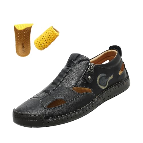 Men's Summer Slip On Leather Casual Shoes,Vintage Comfy Hand-Stitching Zipper Driving Walking Loafers Fashion Sneakers