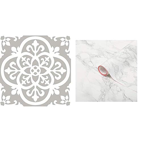 FloorPops FP2942 Medina Peel & Stick Floor Tile, Grey, 10 Count & d-c-fix 346-0306 Decorative Self-Adhesive Film, Grey Marble, 17