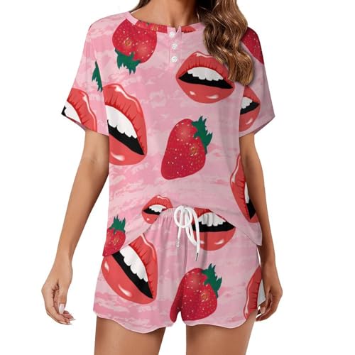Ensemble de pyjama pour femme manches courtes Lip Strawberry sleepwear léger d'été